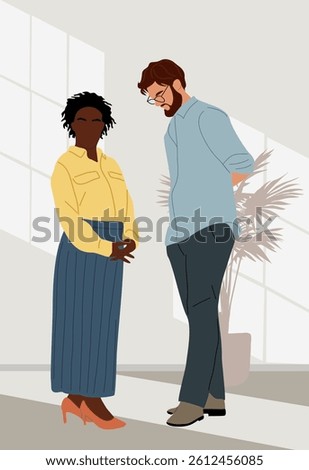 Multiracial couple, caucasian man and black woman standing in a room. The man is wearing glasses and the woman is wearing a yellow shirt. Colorful flat vector illustration