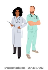 Um casal multirracial de médicos, enfermeiros, paramédicos. Trabalhadores médicos do sexo masculino e feminino em uniformes esfoliantes, casaco branco, com estetoscópios, comprimido. Ilustrações realistas vetoriais isoladas.