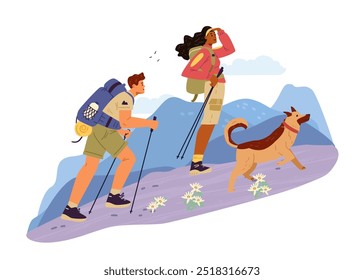 Casal multirracial com um cão caminhando nas montanhas vetor plana ilustração. Um homem e uma mulher viajando com mochilas e varas para caminhadas. 