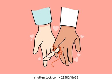 Multiracial couple hands tied with red thread as symbol of bonding and connection. Linked multiethnic man and woman show love and affection. Nonverbal communication. Vector illustration. 