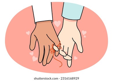 Las manos de la pareja multirracial atadas con hilo rojo como símbolo de unión y conexión. Hombres y mujeres multiétnicos vinculados muestran amor y afecto. Comunicación no verbal. Ilustración vectorial.