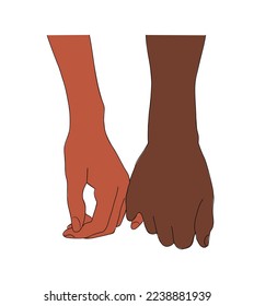 Multiracial couple holding hands with pinky fingers. Palms touching, gesturing. Support, love, friendship, relationship concept. Flat colored outline vector illustrations isolated on white background