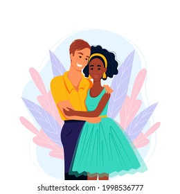 Multiracial couple in love, vector illustration in flat style. Multiethnic family.