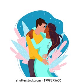 Multiracial couple in love, vector illustration in flat style. 
Two kissing.Multiethnic family.