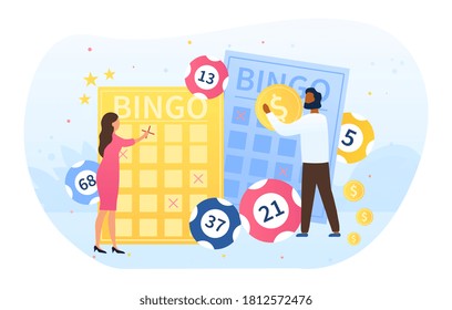 Multiracial Couple Playing Bingo Assigning Numbers To Cards As They Are Called, Colored Vector Illustration