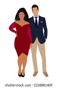 Pareja multirracial con ropa de noche de moda parados juntos vectores ilustraciones realistas aislados en fondo blanco. Hombre y mujer elegante listos para la Navidad, el evento formal o la boda.  