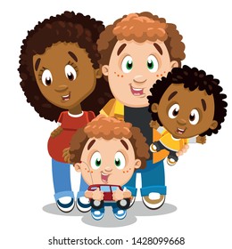 Multiracial couple with two kids expecting baby. Happy redheaded curly man hugging his african american pregnant wife and holding little son in arms. Vector cartoon isolated on white background.