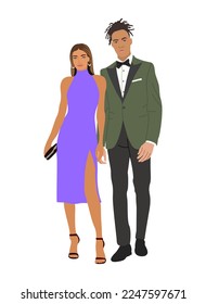 Multiracial couple wearing evening formal outfit for celebration, wedding, event, party. Happy man and woman in gorgeous clothes vector realistic illustration isolated on white background.