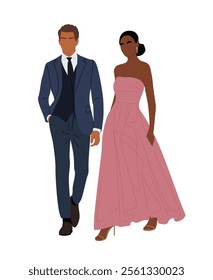 Multiracial couple wearing evening formal or black tie outfit for celebration, wedding, Christmas Eve or New Year party. Happy man and woman in gorgeous luxury clothes. Vector illustration isolated