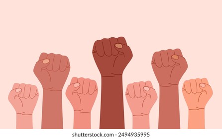 Multiracial crowd of people with hands and fists raised in the air. Solidarity, protestor and diversity concept. Different skin shades. Community fight.