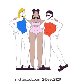 Multiracial curvy women best friends 2D linear cartoon characters. Happy obese females in swimsuits isolated line vector people white background. Body positive color flat spot illustration