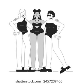 Multiracial curvy women best friends black and white 2D line cartoon characters. Happy obese females in swimsuits isolated vector outline people. Body positive monochromatic flat spot illustration