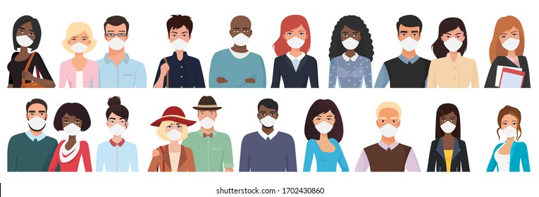 Multiracial different ages halg body people in masks vector illustration set isolated. Crowd man and woman in casual clothes with protection masks to prevent air pollution, coronavirus covid-19