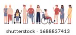 Multiracial disabled people character flat vector illustration set isolated on white background. Positive men and women with special needs with prosthesis, crutches, stick, in wheelchair, blind girl