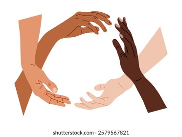 Multiracial diverse hands together in circle for support, trust and solidarity. Cooperation concept. Flat vector illustration isolated on white background 