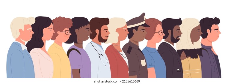 Multiracial diverse people side view. Multicultural crowd persons in profile posture flat cartoon vector illustration