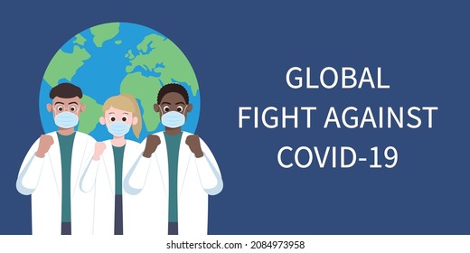 Multiracial doctors and nurses from different country cheer together. Global solidarity and cooperation against the virus. Community of common destiny for all mankind. Anti-epidemic slogan.