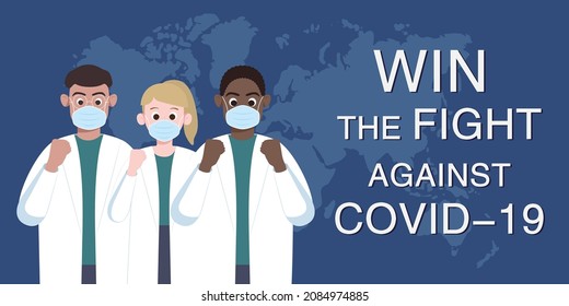 Multiracial doctors and nurses from different country cheer together. Global solidarity and cooperation against the virus. Community of common destiny for all mankind. Anti-epidemic slogan.