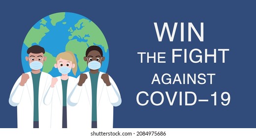 Multiracial doctors and nurses from different country cheer together. Global solidarity and cooperation against the virus. Community of common destiny for all mankind. Anti-epidemic slogan.