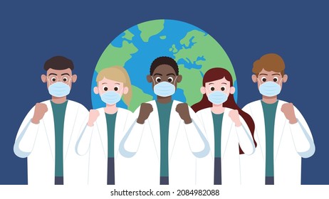 Multiracial doctors and nurses from different country cheer together. Multi-ethnic cooperation fight against global pandemic.Community of common destiny for all mankind.Medical illustration.