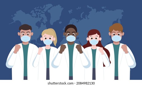 Multiracial doctors and nurses from different country cheer together. Multi-ethnic cooperation fight against global pandemic.Community of common destiny for all mankind.Medical illustration.