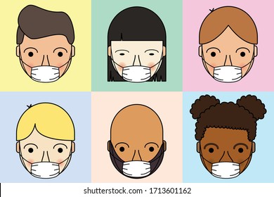 Symbole verschiedener ethnischer Gesichter mit Gesichtsmasken auf buntem Hintergrund
