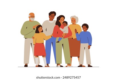 Multiracial family with children, parents and grandparents. Three generations of white and black people stand and embrace together. Vector illustration