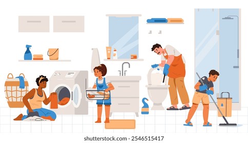 Multiracial family cleaning the bathroom together flat vector illustration. Parents with children doing house chores together.