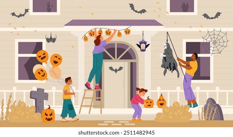 Multiracial family decorating house for Halloween celebration flat vector illustration. Parents with children hanging decorations, garland, carved pumpkins.