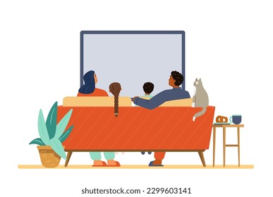 Multiracial family with two kids and a cat watching TV together sitting on the couch flat vector illustration. View from the back.