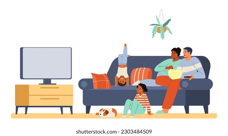 Multiracial family with two kids and a dog watching TV together sitting on the couch flat vector illustration.