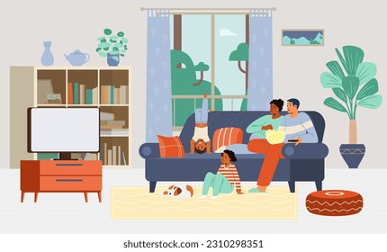Multiracial family with two kids and a dog watching TV together sitting on the couch at home flat vector illustration. Living room interior.