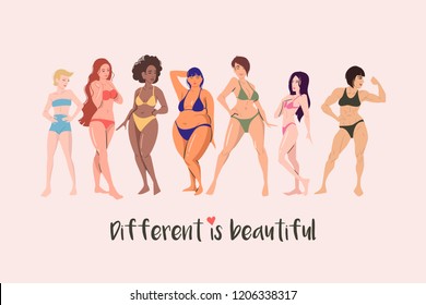 Multiracial female  cartoon characters of different height, figure type and size dressed in swimsuits standing in row.  Body positive movement and beauty difference. Vector illustration.