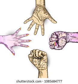 Multiracial fists hands up. Concept of yes you can, unity, revolution, fight, cooperation. Ink design. Creative symbol of teamwork with space for your text. Vector.