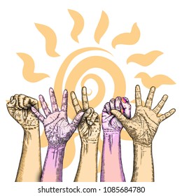 Multiracial fists hands up. Concept of yes you can, unity, revolution, fight, cooperation. Ink design. Creative symbol of teamwork with space for your text. Vector.