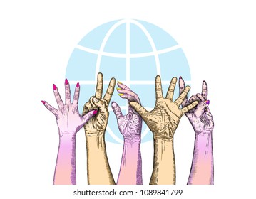 Multiracial fists hands up. Concept of yes you can, unity, revolution, fight, cooperation. Ink design. Creative symbol of teamwork with space for your text. Vector.
