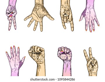 Multiracial fists hands up. Concept of yes you can, unity, revolution, fight, cooperation. Ink design. Creative symbol of teamwork with space for your text. Vector.