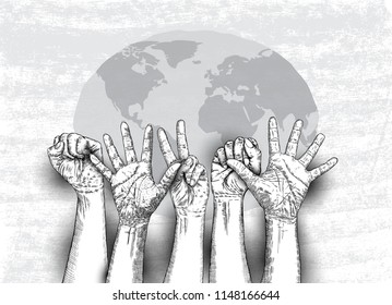 Multiracial fists hands up. Concept of yes you can, unity, revolution, fight, cooperation. Ink design. Creative symbol of teamwork with space for your text. Vector.