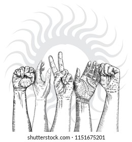 Multiracial fists hands up. Concept of yes you can, unity, revolution, fight, cooperation. Ink design. Creative symbol of teamwork with space for your text. Vector.