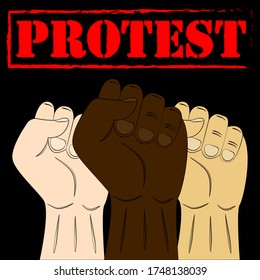Multiracial fists hands up. Raised hands with clenched fist. Concept of protest, revolution, fight, cooperation, strike. Vector illustration.