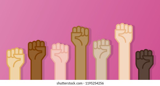 Multiracial fists hands up vector illustration. Breast cancer awareness month. Pink color. Flat design