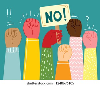 Multiracial fists hands up vector illustration. Concept of unity, protest, revolution, fight, cooperation. Flat outline design.