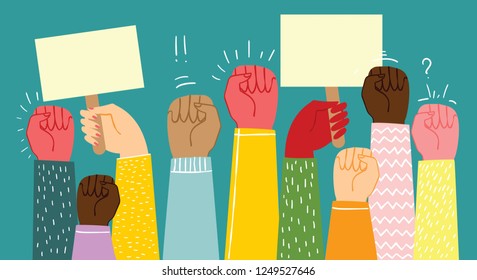 Multiracial fists hands up vector illustration. Concept of unity, protest, revolution, fight, cooperation. Flat outline design.