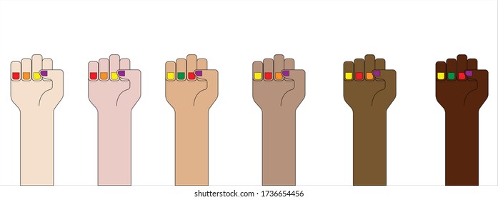 Multiracial fists hands up vector illustration for LGBT. Concept of unity for lesbians, gays. Flat outline design. Fists with LGBT colored nails. Love is love.