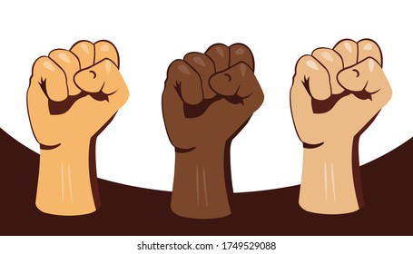 Multiracial fists hands up vector illustration. The concept of unity, revolution, struggle, and cooperation.