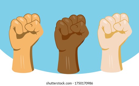 Multiracial fists hands up vector illustration. The concept of unity, revolution, struggle, and cooperation.