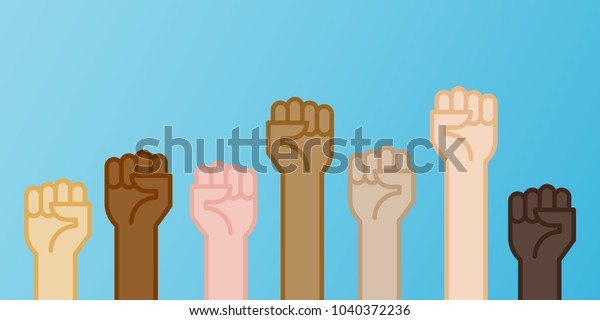 Multiracial\
fists hands up vector illustration. Concept of unity, revolution,\
fight, cooperation. Flat outline\
design.