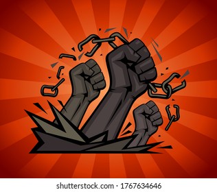 Multiracial fists tearing chains on a rays background, vector illustration