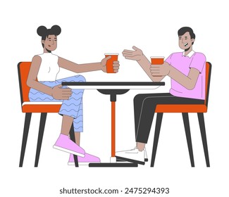 Multiracial friends with drinks at cafe table 2D linear cartoon characters. Man and woman resting in coffeeshop isolated line vector people white background. Communication color flat spot illustration