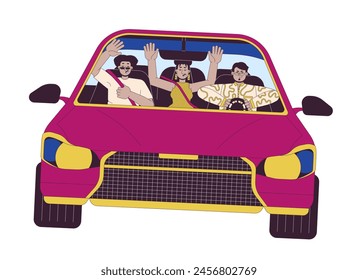 Multiracial friends riding car recklessly 2D linear cartoon characters. Creating dangerous situation on road isolated line vector people white background. Road accident color flat spot illustration